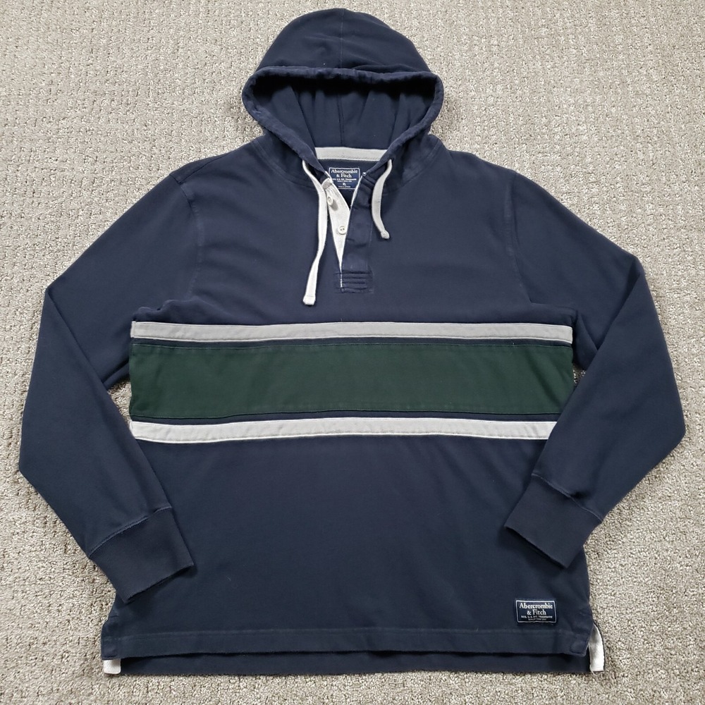 Abercrombie & Fitch Hooded‎ Rugby Shirt Mens XL Navy Blue  Henley Hoodie Y2k